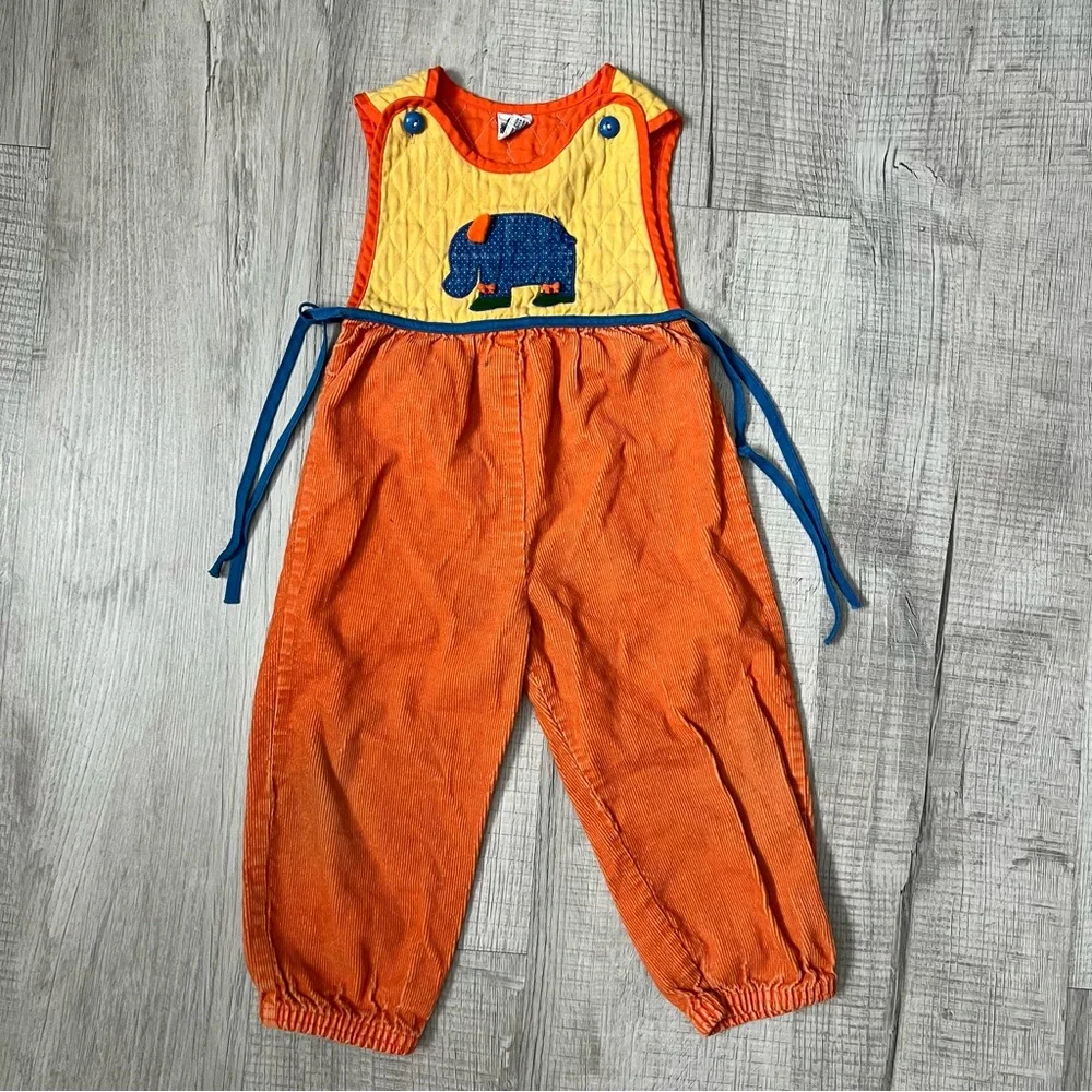 VINTAGE 70s Ruth Scharf Orange Elephant Kids Overalls Colorblock 24 months